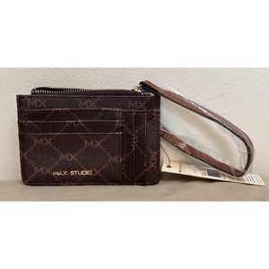 Max Studio Card Case Wallet Wristlet, Zip Closure, Wrist Strap, Brown Monogram